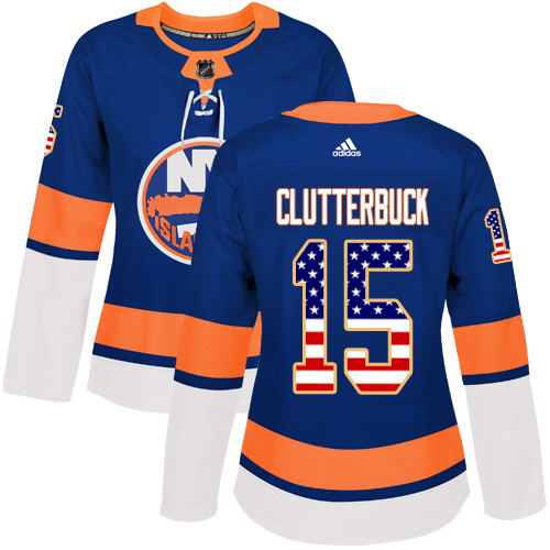 Adidas Islanders #15 Cal Clutterbuck Royal Blue Home Authentic USA Flag Women's Stitched NHL Jersey