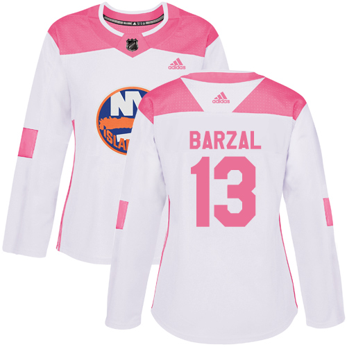Adidas Islanders #13 Mathew Barzal White/Pink Authentic Fashion Women's Stitched NHL Jersey
