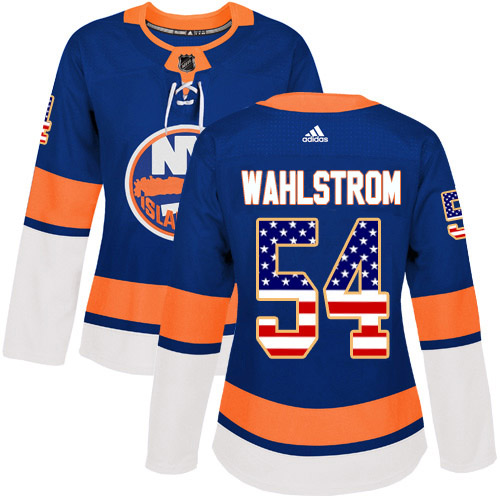 Adidas Islanders #54 Oliver Wahlstrom Royal Blue Home Authentic USA Flag Women's Stitched NHL Jersey
