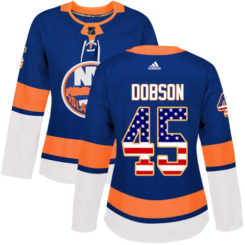 Adidas Islanders #45 Noah Dobson Royal Blue Home Authentic USA Flag Women's Stitched NHL Jersey
