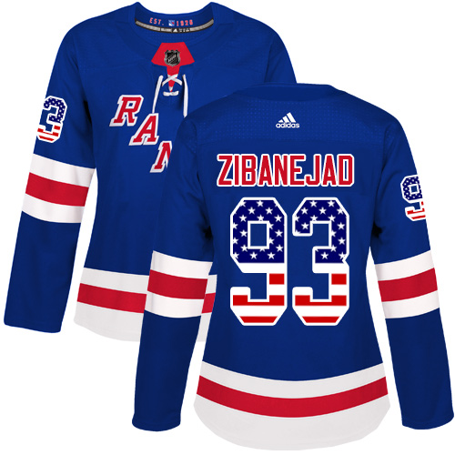 Adidas Rangers #93 Mika Zibanejad Royal Blue Home Authentic USA Flag Women's Stitched NHL Jersey