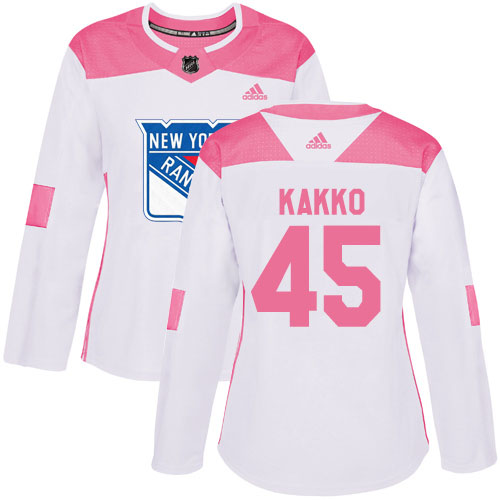 Adidas Rangers #45 Kappo Kakko White/Pink Authentic Fashion Women's Stitched NHL Jersey