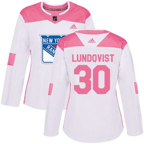 Adidas Rangers #30 Henrik Lundqvist White/Pink Authentic Fashion Women's Stitched NHL Jersey