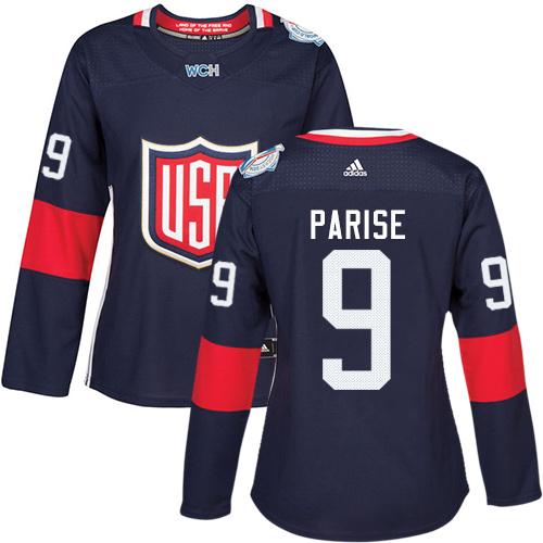 Team USA #9 Zach Parise Navy Blue 2016 World Cup Women's Stitched NHL Jersey