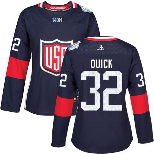 Team USA #32 Jonathan Quick Navy Blue 2016 World Cup Women's Stitched NHL Jersey