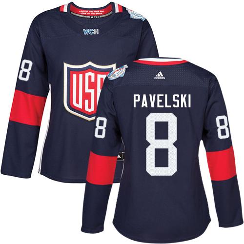 Team USA #8 Joe Pavelski Navy Blue 2016 World Cup Women's Stitched NHL Jersey