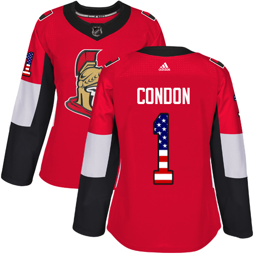 Adidas Senators #1 Mike Condon Red Home Authentic USA Flag Women's Stitched NHL Jersey