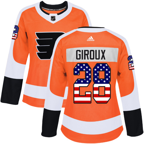 Adidas Flyers #28 Claude Giroux Orange Home Authentic USA Flag Women's Stitched NHL Jersey
