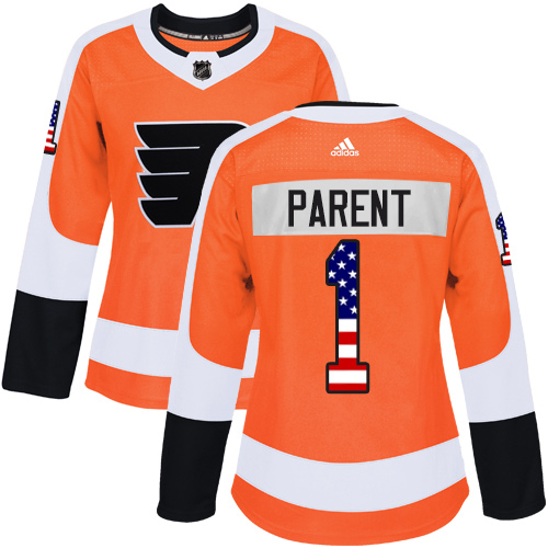 Adidas Flyers #1 Bernie Parent Orange Home Authentic USA Flag Women's Stitched NHL Jersey