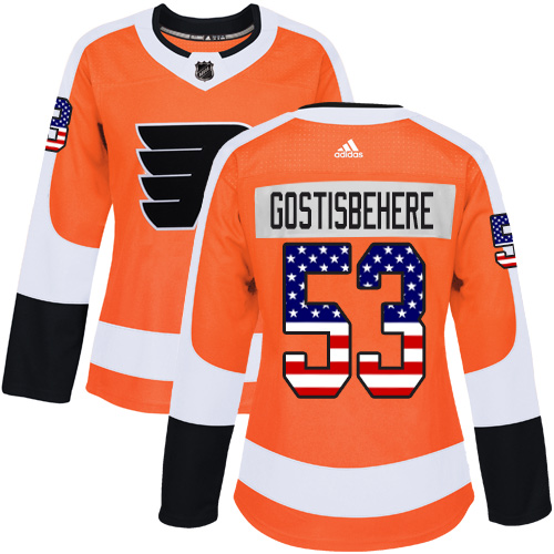 Adidas Flyers #53 Shayne Gostisbehere Orange Home Authentic USA Flag Women's Stitched NHL Jersey