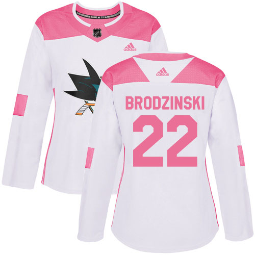 Adidas Sharks #22 Jonny Brodzinski White/Pink Authentic Fashion Women's Stitched NHL Jersey