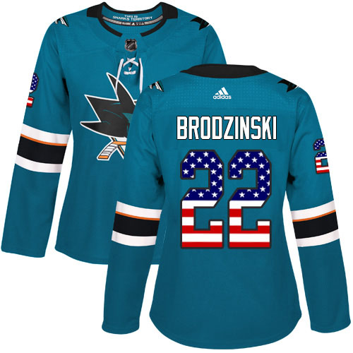 Adidas Sharks #22 Jonny Brodzinski Teal Home Authentic USA Flag Women's Stitched NHL Jersey
