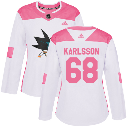 Adidas Sharks #68 Melker Karlsson White/Pink Authentic Fashion Women's Stitched NHL Jersey