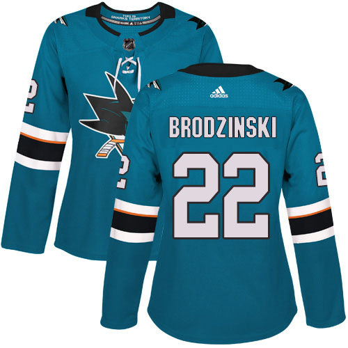 Adidas Sharks #22 Jonny Brodzinski Teal Home Authentic Women's Stitched NHL Jersey
