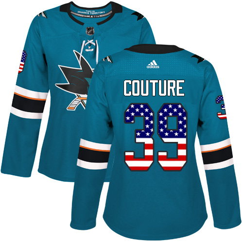 Adidas Sharks #39 Logan Couture Teal Home Authentic USA Flag Women's Stitched NHL Jersey