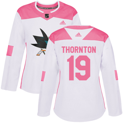 Adidas Sharks #19 Joe Thornton White/Pink Authentic Fashion Women's Stitched NHL Jersey
