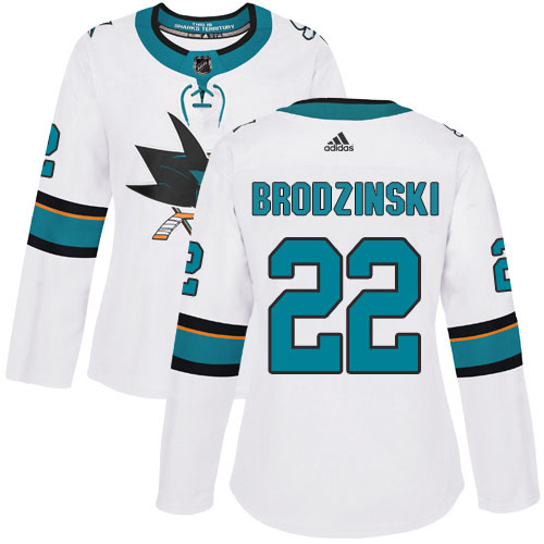 Adidas Sharks #22 Jonny Brodzinski White Road Authentic Women's Stitched NHL Jersey