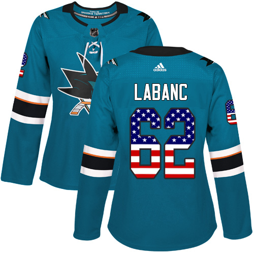 Adidas Sharks #62 Kevin Labanc Teal Home Authentic USA Flag Women's Stitched NHL Jersey