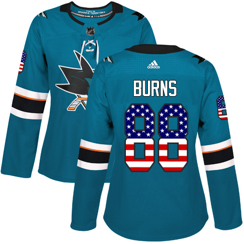 Adidas Sharks #88 Brent Burns Teal Home Authentic USA Flag Women's Stitched NHL Jersey