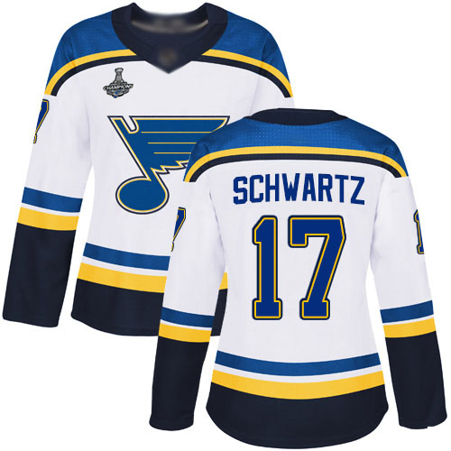 Adidas Blues #17 Jaden Schwartz White Road Authentic Stanley Cup Champions Women's Stitched NHL Jersey