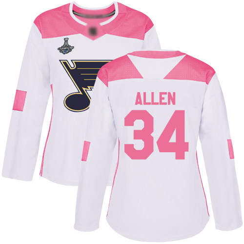 Adidas Blues #34 Jake Allen White/Pink Authentic Fashion Stanley Cup Champions Women's Stitched NHL Jersey