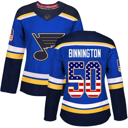 Adidas Blues #50 Jordan Binnington Blue Home Authentic USA Flag Women's Stitched NHL Jersey