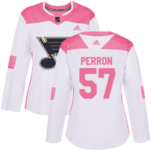Adidas Blues #57 David Perron White/Pink Authentic Fashion Women's Stitched NHL Jersey