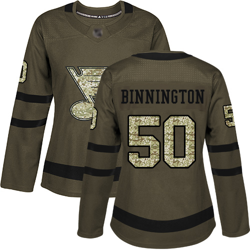 Adidas Blues #50 Jordan Binnington Green Salute to Service Women's Stitched NHL Jersey