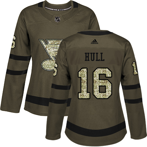 Adidas Blues #16 Brett Hull Green Salute to Service Women's Stitched NHL Jersey
