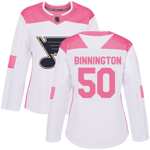 Adidas Blues #50 Jordan Binnington White/Pink Authentic Fashion Women's Stitched NHL Jersey
