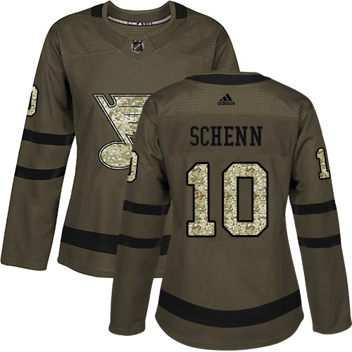 Adidas Blues #10 Brayden Schenn Green Salute to Service Women's Stitched NHL Jersey
