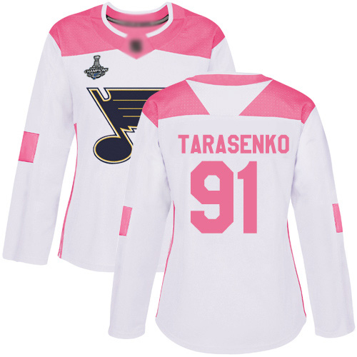 Adidas Blues #91 Vladimir Tarasenko White/Pink Authentic Fashion Stanley Cup Champions Women's Stitched NHL Jersey