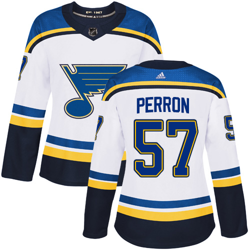 Adidas Blues #57 David Perron White Road Authentic Women's Stitched NHL Jersey