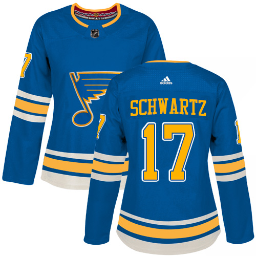 Adidas Blues #17 Jaden Schwartz Blue Alternate Authentic Women's Stitched NHL Jersey