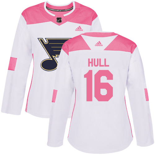 Adidas Blues #16 Brett Hull White/Pink Authentic Fashion Women's Stitched NHL Jersey