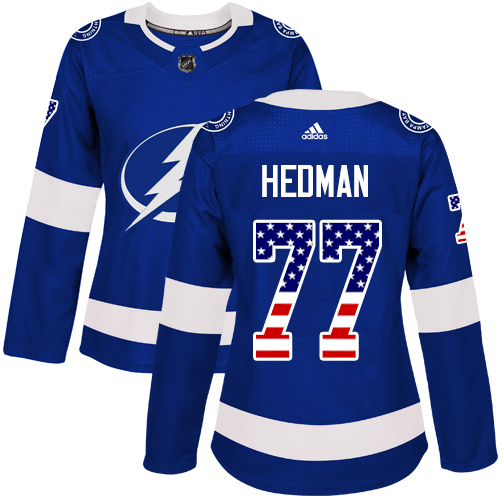 Adidas Lightning #77 Victor Hedman Blue Home Authentic USA Flag Women's Stitched NHL Jersey