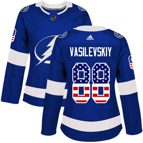 Adidas Lightning #88 Andrei Vasilevskiy Blue Home Authentic USA Flag Women's Stitched NHL Jersey