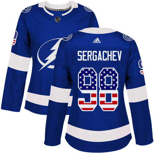 Adidas Lightning #98 Mikhail Sergachev Blue Home Authentic USA Flag Women's Stitched NHL Jersey
