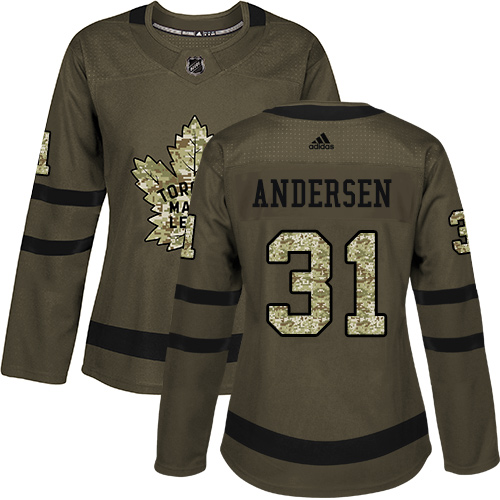 Adidas Maple Leafs #31 Frederik Andersen Green Salute to Service Women's Stitched NHL Jersey