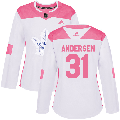 Adidas Maple Leafs #31 Frederik Andersen White/Pink Authentic Fashion Women's Stitched NHL Jersey