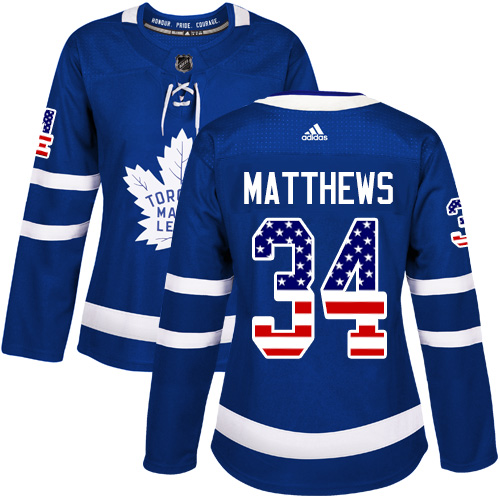 Adidas Maple Leafs #34 Auston Matthews Blue Home Authentic USA Flag Women's Stitched NHL Jersey