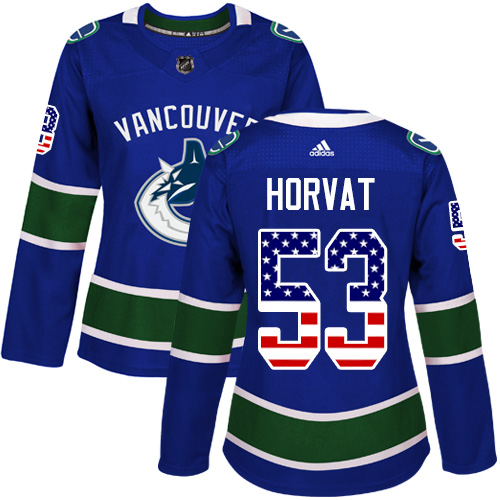 Adidas Canucks #53 Bo Horvat Blue Home Authentic USA Flag Women's Stitched NHL Jersey