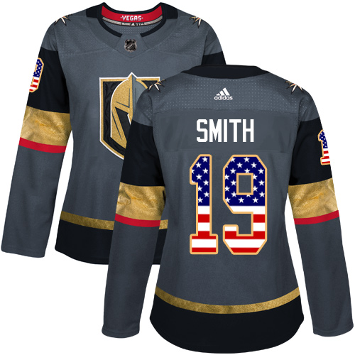 Adidas Golden Knights #19 Reilly Smith Grey Home Authentic USA Flag Women's Stitched NHL Jersey