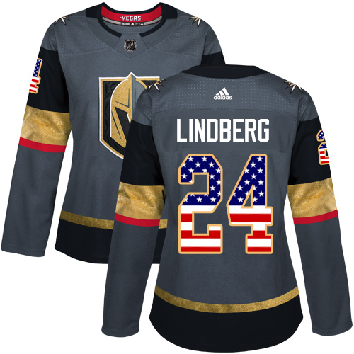 Adidas Golden Knights #24 Oscar Lindberg Grey Home Authentic USA Flag Women's Stitched NHL Jersey