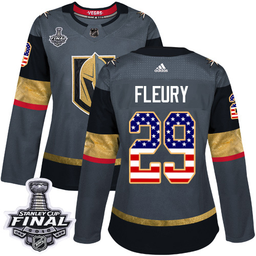 Adidas Golden Knights #29 Marc-Andre Fleury Grey Home Authentic USA Flag 2018 Stanley Cup Final Women's Stitched NHL Jersey