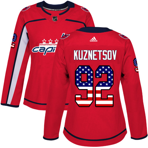 Adidas Capitals #92 Evgeny Kuznetsov Red Home Authentic USA Flag Women's Stitched NHL Jersey