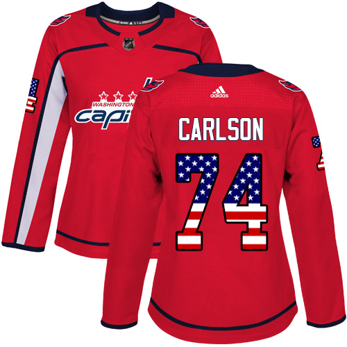 Adidas Capitals #74 John Carlson Red Home Authentic USA Flag Women's Stitched NHL Jersey