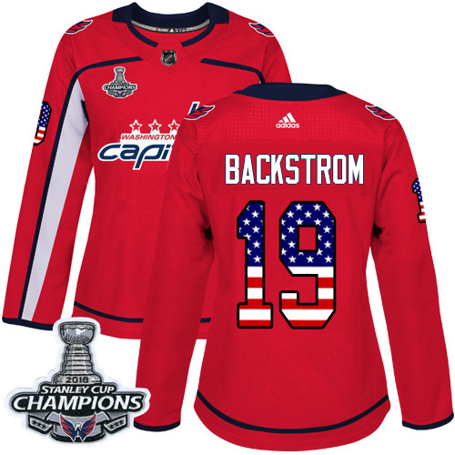 Adidas Capitals #19 Nicklas Backstrom Red Home Authentic USA Flag Stanley Cup Final Champions Women's Stitched NHL Jersey