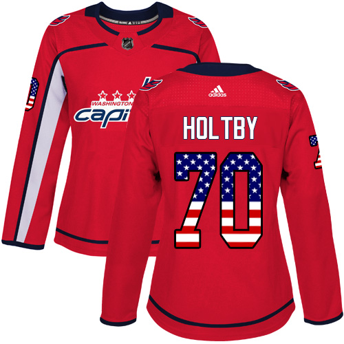 Adidas Capitals #70 Braden Holtby Red Home Authentic USA Flag Women's Stitched NHL Jersey