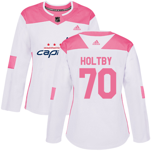 Adidas Capitals #70 Braden Holtby White/Pink Authentic Fashion Women's Stitched NHL Jersey